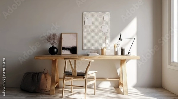 Obraz Minimal home studio with wood desk and pinboard (mockup) 