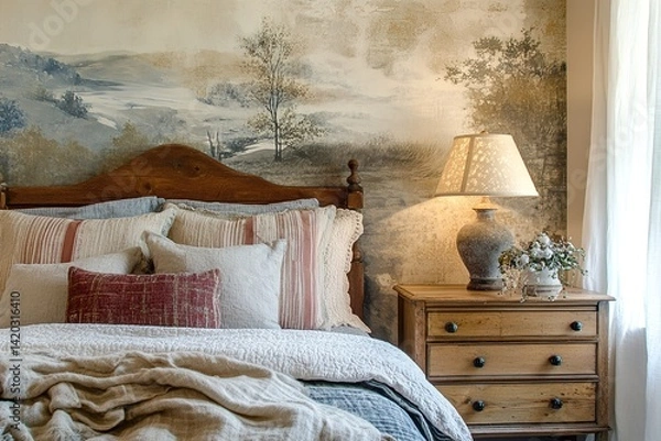 Fototapeta An Artistic Bedroom with a Painted Headboard Wall, Sculptural Lamp, and Cozy Linens, Blending Creative Design Elements with Comfort to Create a Unique and Inviting Sleep Space