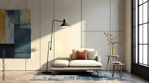 Fototapeta Minimal living zone with one floor lamp and canvas art  