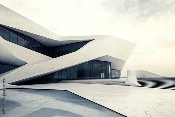 Fototapeta An Asymmetrical Building with Overlapping Levels and Clean Outdoor Flooring, Showcasing Innovative Architectural Balance, Dynamic Form, and Minimalist Exterior Details in a Thoughtfully Composed Moder