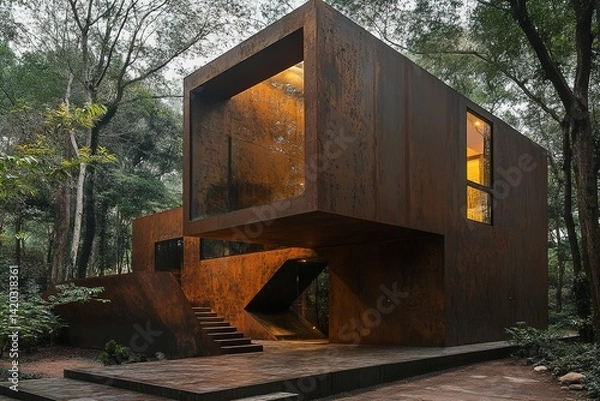 Fototapeta A Bold Cube-Shaped House Featuring an Indented Entry and Subtle Hidden Lighting Effects, Emphasizing Geometric Form, Architectural Drama, and Contemporary Minimalism in a Sculptural Residential Design