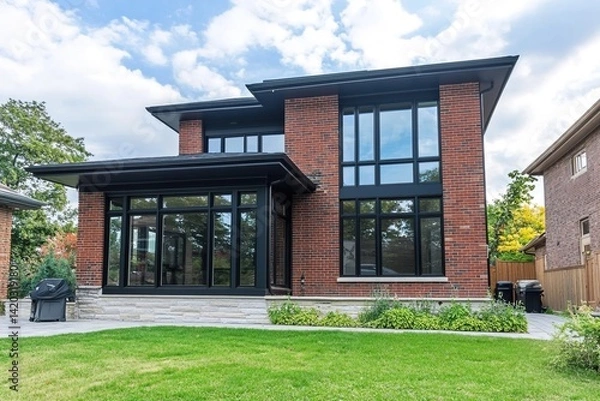 Fototapeta A Brick Exterior House with Black Framed Windows, Contemporary Architectural Lines, and a Soft Grass Lawn, Combining Traditional Texture with Modern Minimalism in a Harmonious Outdoor Setting