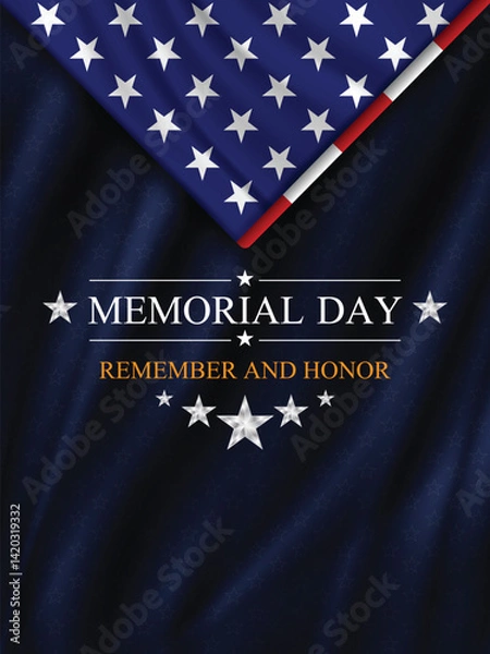 Obraz Memorial day banner background with folded US flag and silver stars. National holiday of the USA. Remember and honor. Vector illustration.