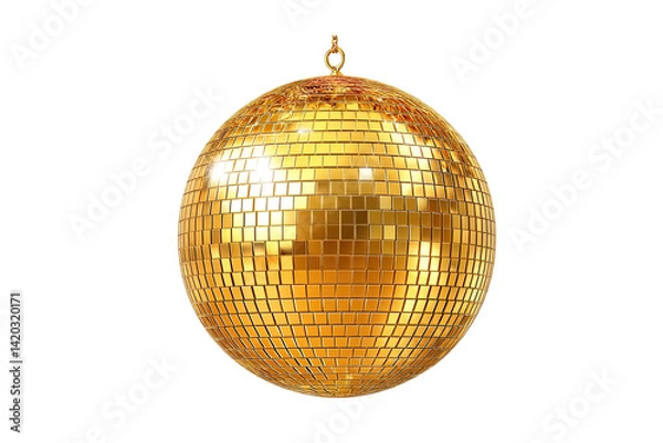 Fototapeta A dazzling golden disco ball ready to ignite the party, reflecting light in a mesmerizing display against a pure white background.