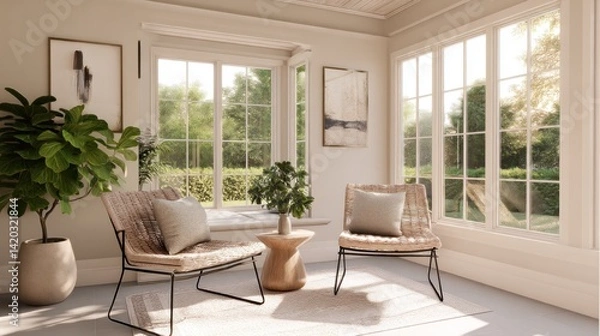Fototapeta Minimal sunroom with two chairs and neutral palette  