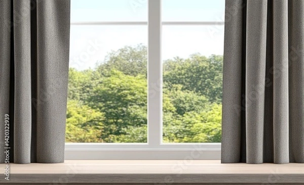 Fototapeta Room window with soft gray curtains, a view of lush green trees