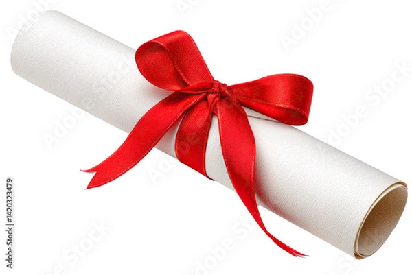 Fototapeta A rolled diploma tied with a vibrant red ribbon, symbolizing achievement and the culmination of hard work and dedication against a clean white background.
