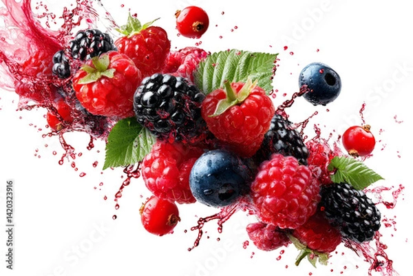 Obraz Splash of Mixed Fresh Berries with Water Drops Isolated on Transparent Background
