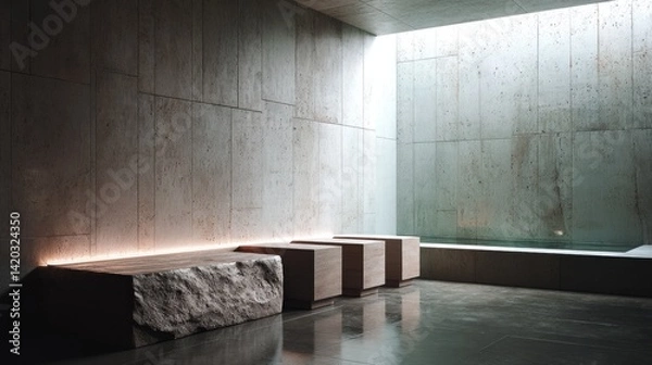 Fototapeta Minimalist bath space with one tile wall and stone seat  