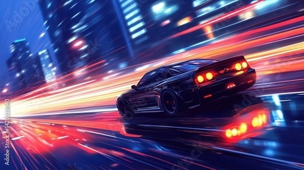 Fototapeta A sleek black sports car speeding through a city at night, with vibrant light trails from passing vehicles creating a dynamic sense of motion. The urban backdrop features illuminated skyscrapers.