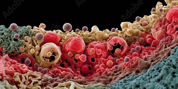 Fototapeta A colorful image of a cell with many red and pink spheres. The image is abstract and has a mood of chaos and disorder