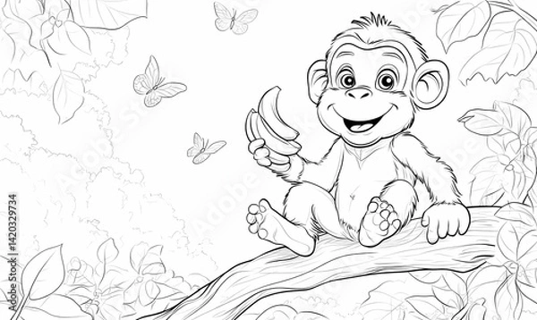 Fototapeta Happy monkey eating banana, jungle background, coloring page