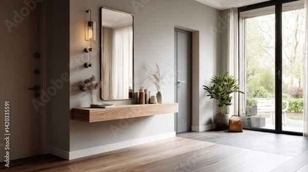 Fototapeta Minimalist entryway with floating console and wall mirror  