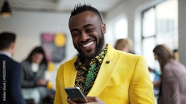 Fototapeta A smiling man with a beard stands in a modern office environment, wearing a tan jacket over a white shirt, holding a smartphone in his hands.