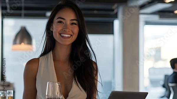 Fototapeta A woman with long, wavy hair stands confidently at a conference table, smiling as she addresses her colleagues.