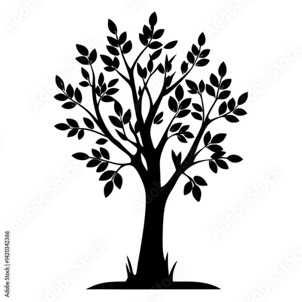 Fototapeta Stylized Black Tree Silhouette with Leaves and Grass on White Background