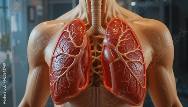 Fototapeta Anatomical model of human lungs and trachea, illustrating respiratory system structure.
