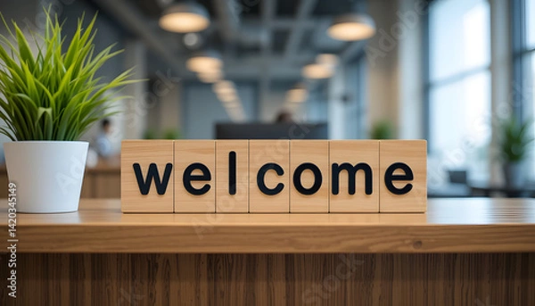 Fototapeta A 'welcome' sign on a desk symbolizes a friendly onboarding process in a modern office.