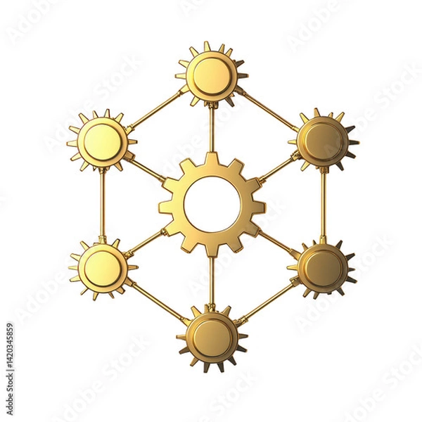 Fototapeta golden gear network with interconnected cogs symbolizes teamwork and collaboration. shiny metallic finish adds sense of elegance and sophistication to design