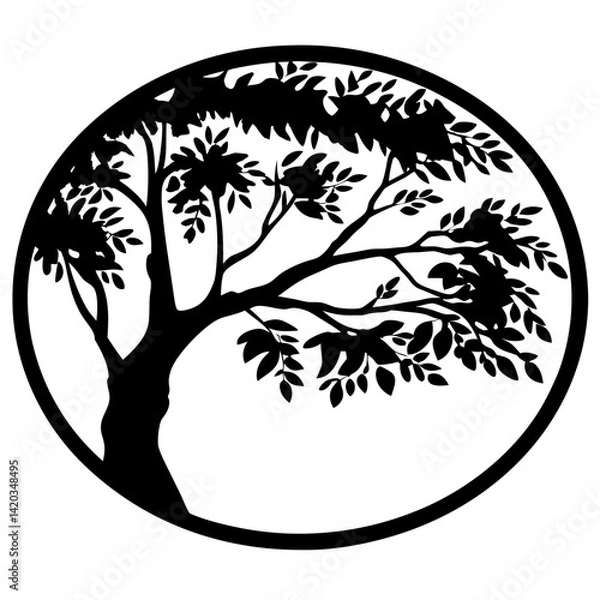 Fototapeta Silhouette of a tree with leaves inside a circular frame emblem