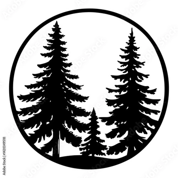 Fototapeta Monochrome Silhouette of Tall Evergreen Trees Inside a Circular Frame Design