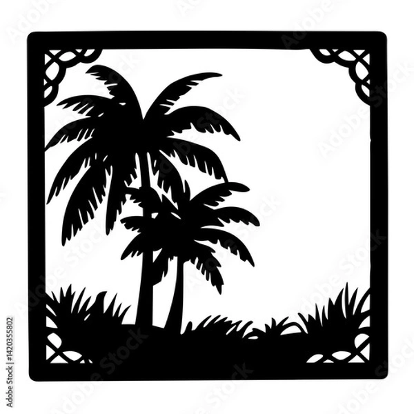 Fototapeta Tropical Palm Trees Silhouette in Decorative Frame Vector Illustration Graphic