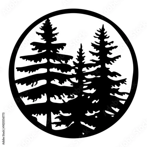 Fototapeta Silhouette of pine trees arranged artistically within a circular frame design