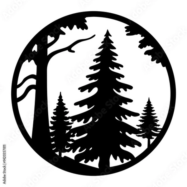 Fototapeta Silhouette of a forest with evergreen trees and a circle frame