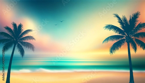Fototapeta Vector Tropical Beach with Green Palm Trees Silhouettes at Sunset and Dreamy Gradient Sky with Soft Clouds