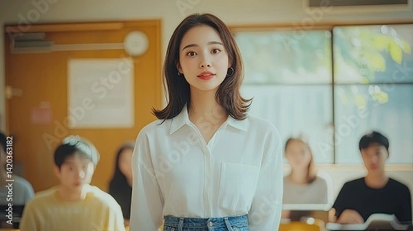 Fototapeta A woman stands confidently in a modern conference room, gesturing as she speaks.