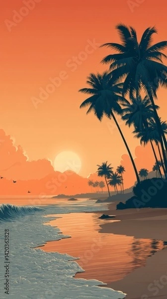 Fototapeta Vibrant tropical beach sunrise illustration featuring silhouetted palm trees and softly crashing ocean waves on a serene shore