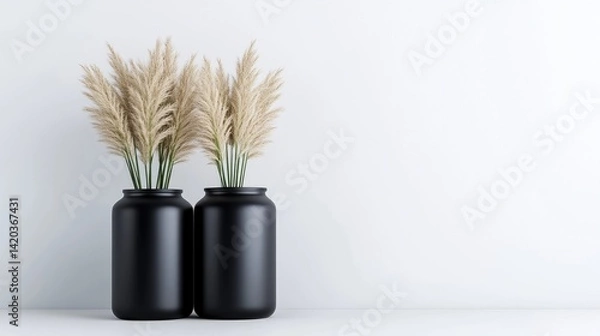 Fototapeta Two black vases with dried pampas grass arranged side by side on a white shelf, minimalist interior decor, and modern home styling concept.