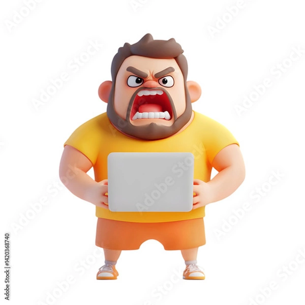Obraz Angry Bearded Man with Laptop, 3D Render