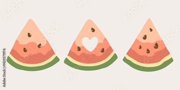 Obraz Three juicy watermelon slices hand drawn in flat style. Vector illustration of summer fruit cut with seeds and heart.