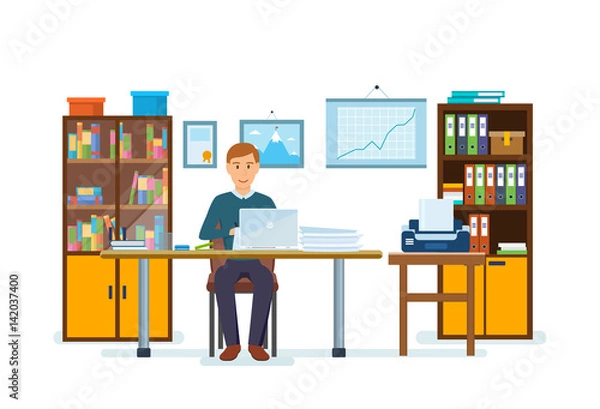 Fototapeta An office worker is working at computer, working with documents.