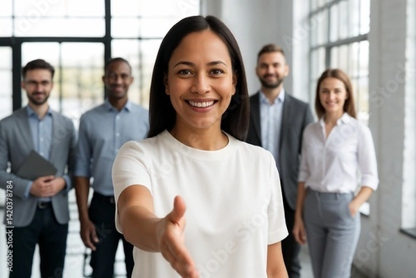 Obraz Portrait of smiling african american businesswoman with straight hair extending hand in bright office, friendly hr manager or team leader greeting new employee