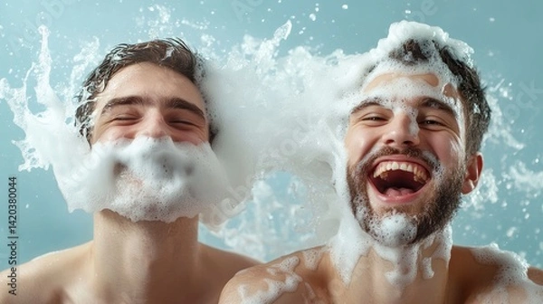 Fototapeta A father and son stand side by side in a bright, sunlit bathroom, both laughing joyfully.