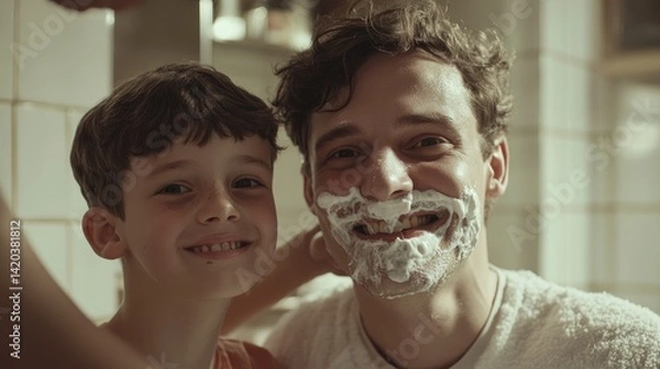 Fototapeta A father and son stand side by side in a bright, sunlit bathroom, both laughing joyfully.