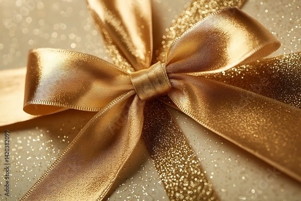Obraz A luxurious golden ribbon gifts card serves as an elegant presentation for holiday promotions and personalized gifting, representing special moments and thoughtful gestures.