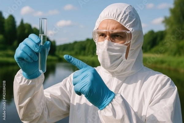 Fototapeta Scientist testing river water for contamination. Environmental researcher in protective suit analyzing water sample near a river, monitoring pollution and ecosystem health in nature.

