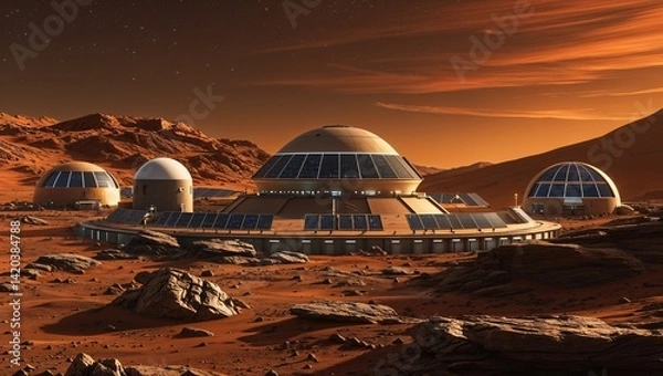 Fototapeta Daylight Mars Base Habitat in Red Martian Landscape
