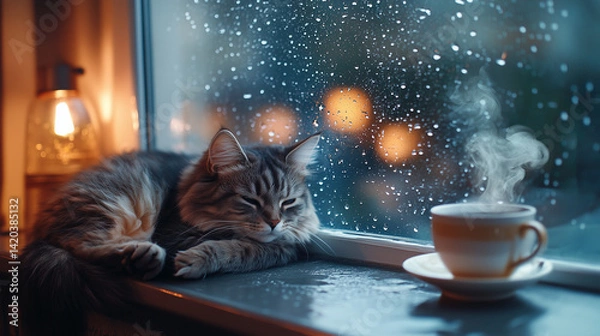 Fototapeta Next to a steaming mug of tea, a tabby cat lounges on the windowsill, with rain gently pattering against the window in the background.