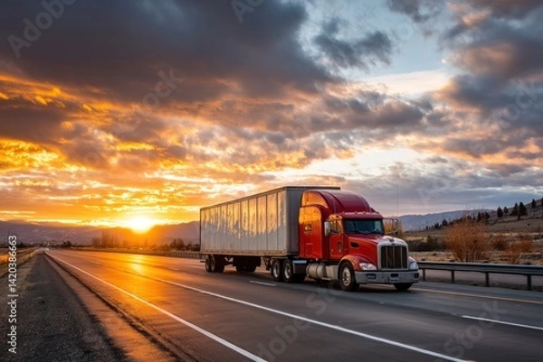 Obraz Red truck speeds on highway at sunset against dramatic sky and distant mountains
