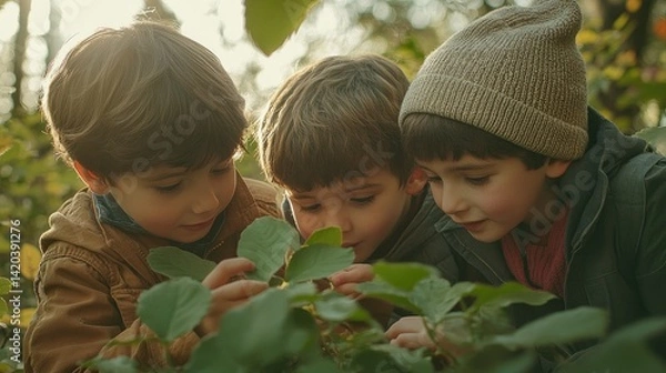 Fototapeta A group of four children, sitting on the forest floor near a large tree, are exploring nature.