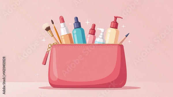 Fototapeta colorful cosmetic bag holds various makeup skin care products carefully arranged flat cartoon vector