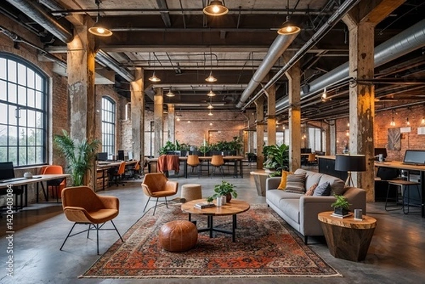 Obraz Creative Industrial Coworking Space with Distinctive Workstations for Digital Nomads