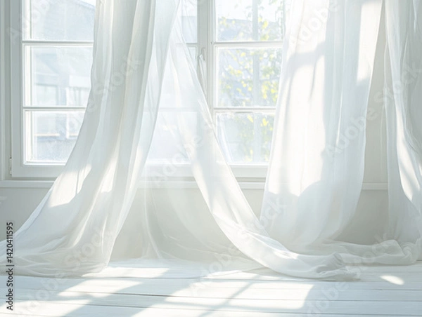 Fototapeta A window with white curtains softly blowing in