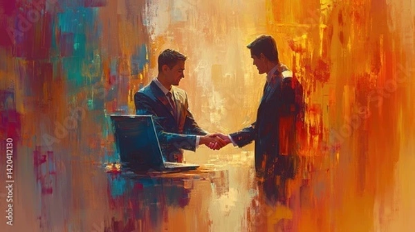 Fototapeta Two men are engaged in a friendly discussion at a modern office workspace.