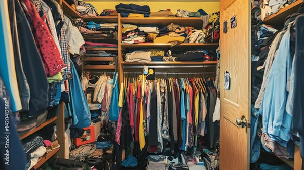Fototapeta Messy closet filled with disorganized clothes and cluttered shelves.