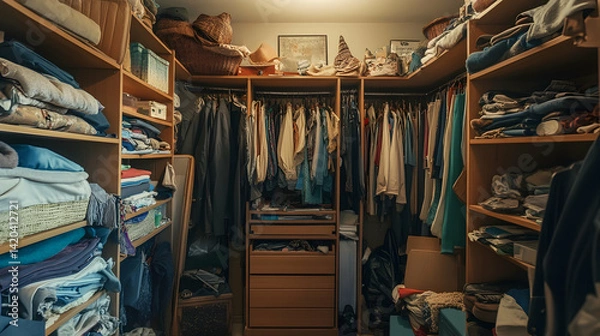 Fototapeta Messy closet filled with disorganized clothes and cluttered shelves.